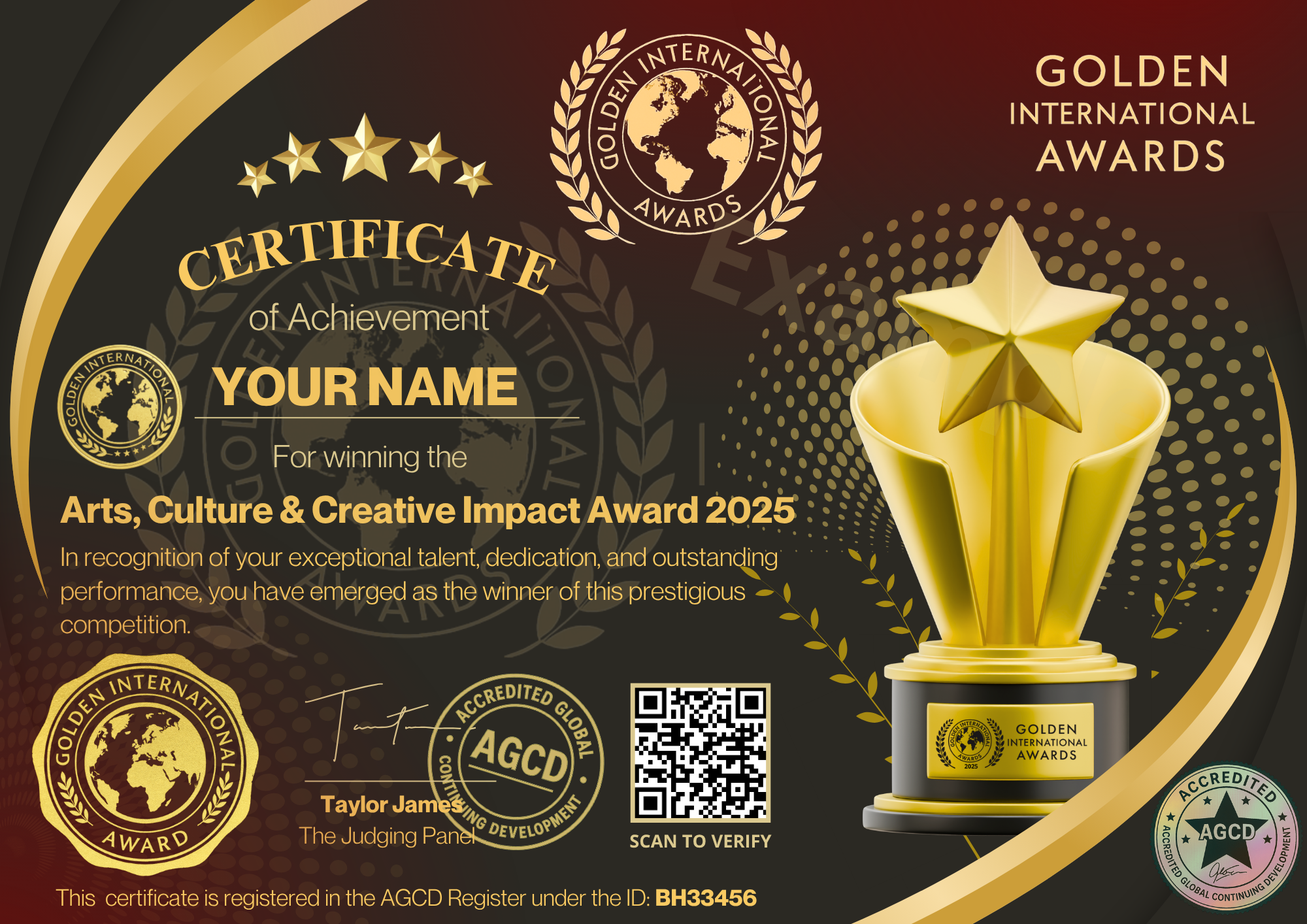 Arts, Culture & Creative Impact Award 2025 by Golden international Awards (AGCD Accredited)