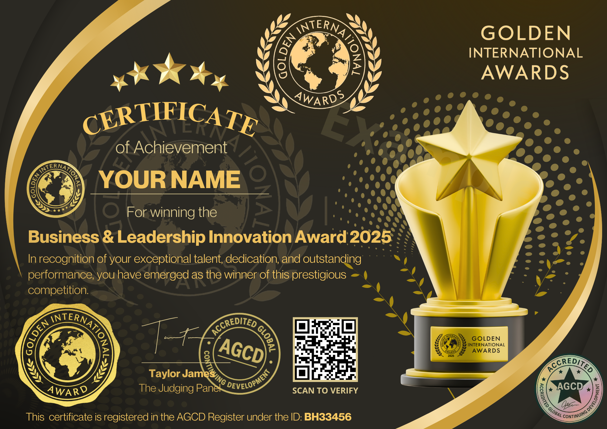 Business & Leadership Innovation Award by Golden international Awards (AGCD Accredited)