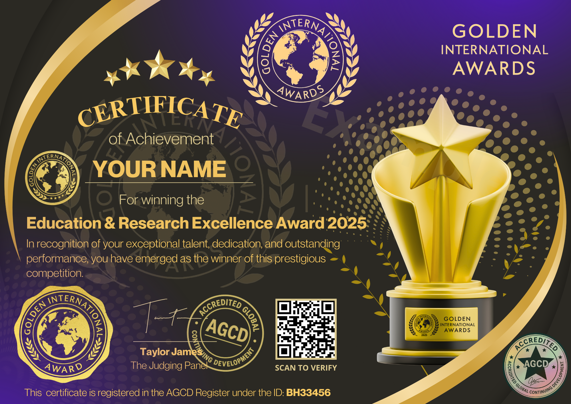 Education & Research Excellence Award by Golden international Awards (AGCD Accredited)