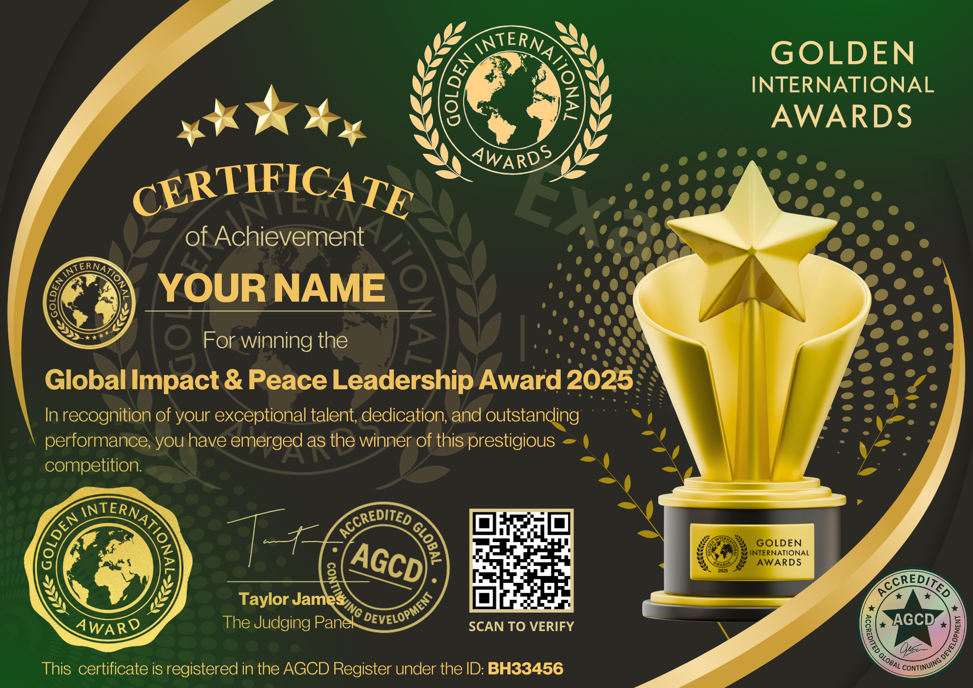 Global Impact & Peace Leadership Award by Golden international Awards (AGCD Accredited)