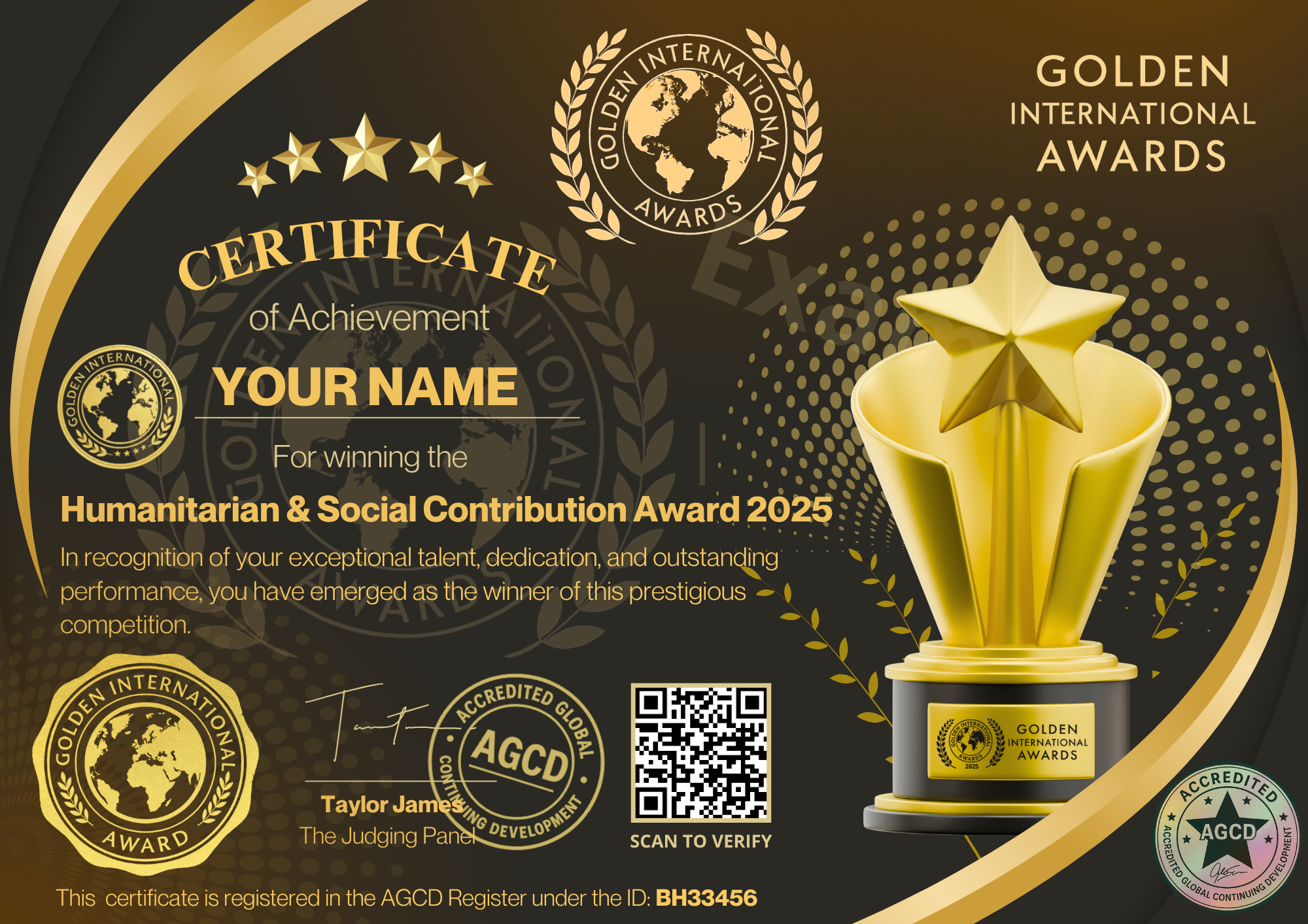 Humanitarian & Social Contribution Award by Golden international Awards (AGCD Accredited) (Copy)