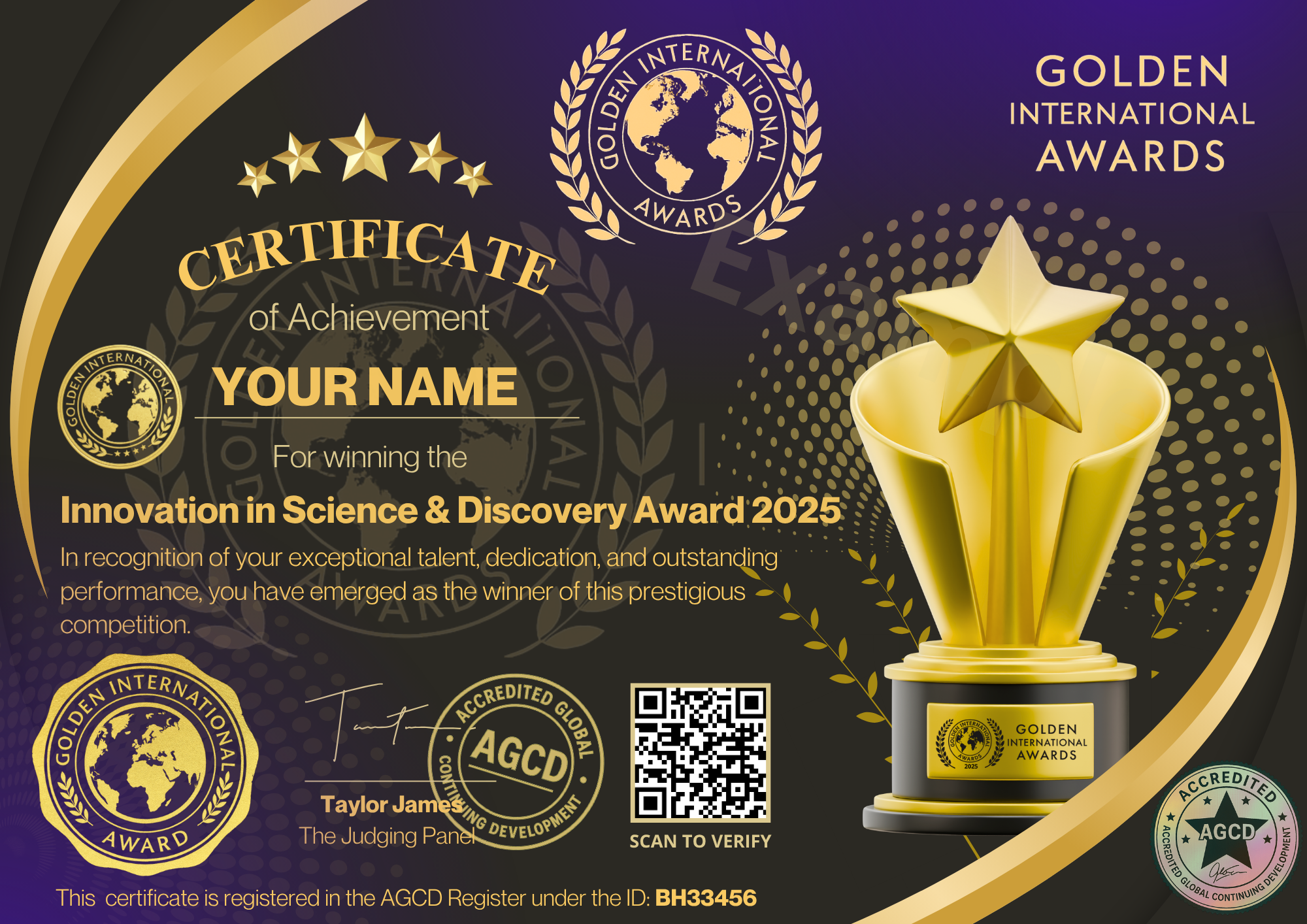 Innovation in Science & Discovery Award by Golden international Awards (AGCD Accredited)