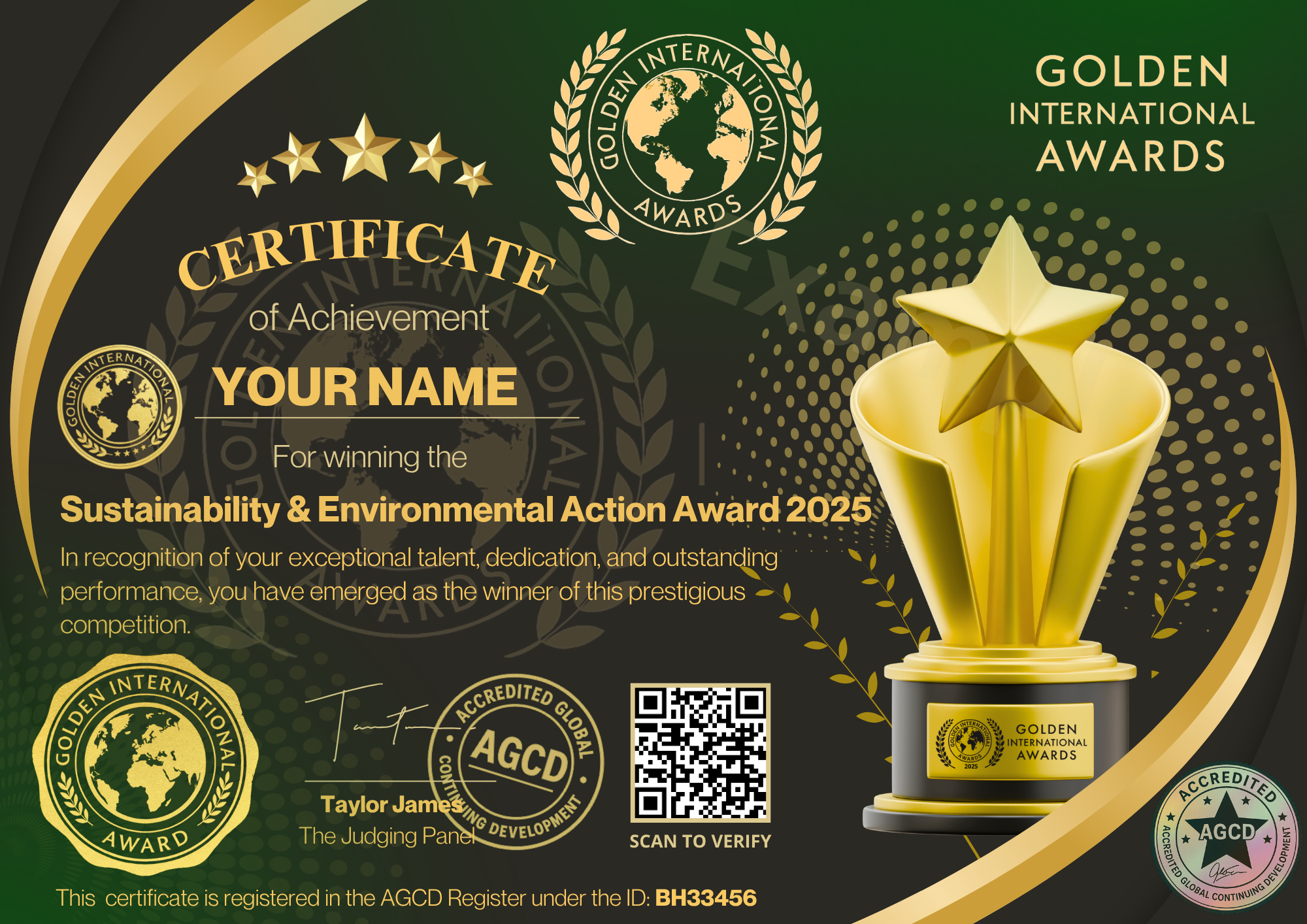 Sustainability & Environmental Action Award by Golden international Awards (AGCD Accredited)