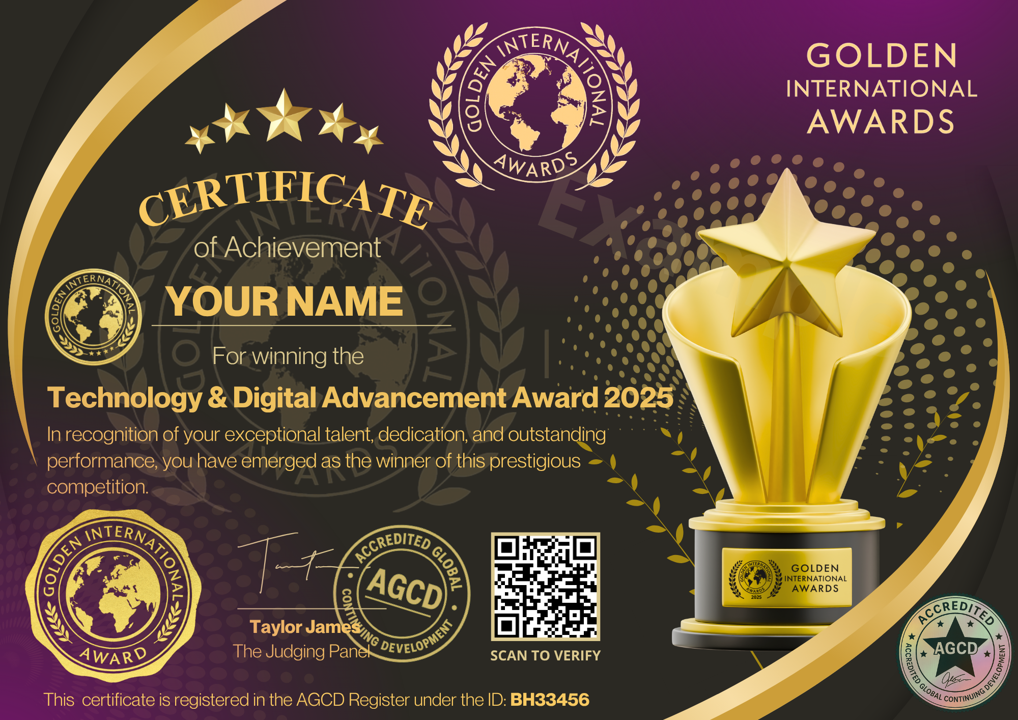 Technology & Digital Advancement Award by Golden international Awards (AGCD Accredited)