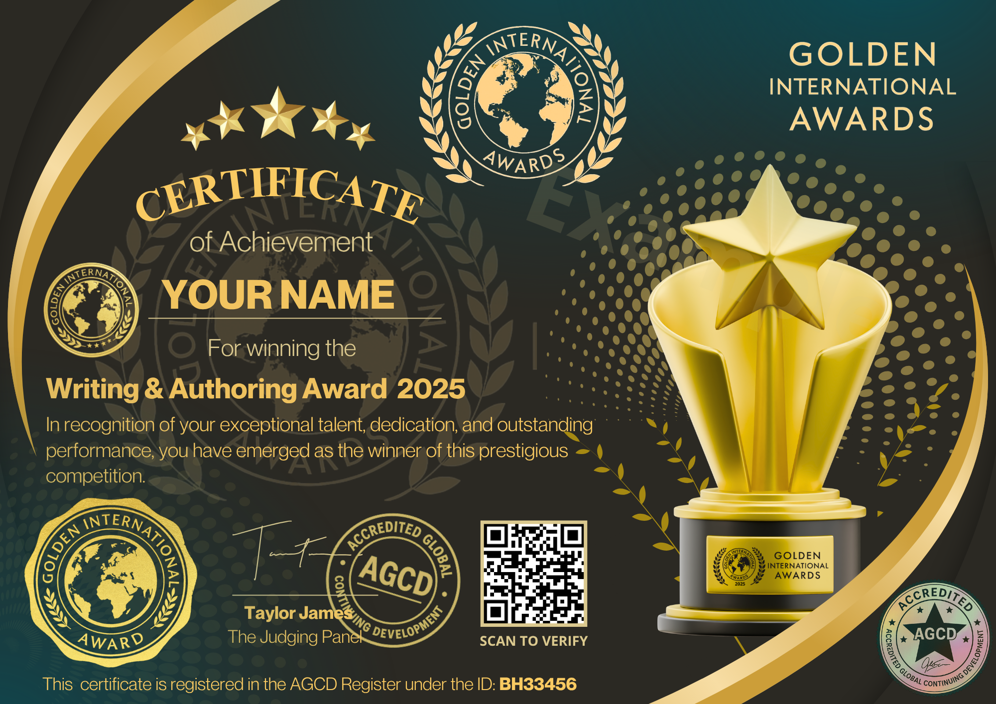 Writing & Authoring Award by Golden international Awards (AGCD Accredited)
